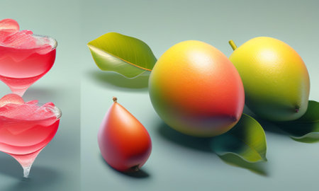 Mangoes with water droplets on a blue background. 3d renderingの素材