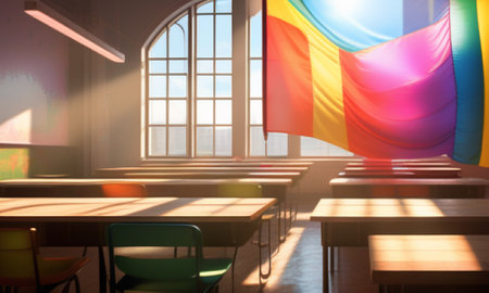 Interior of a classroom with a large window. 3d renderingの素材