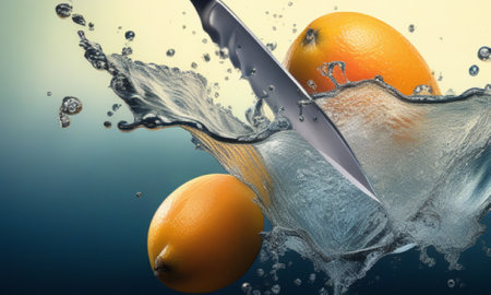 Fruits falling into water with a knife on a blue background.の素材