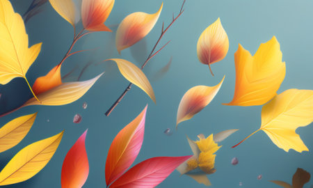 3d render of autumn leaves on blue background. Fall concept.の素材