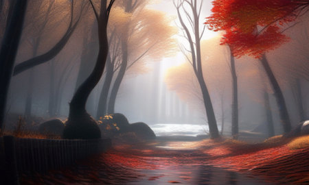 Fantasy landscape with fog in the forest. 3D illustration.の素材