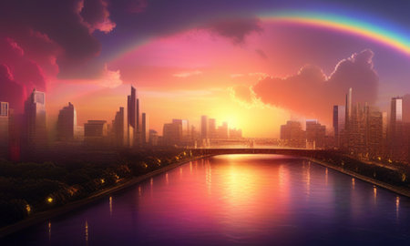 Cityscape at sunset with a rainbow over the river, 3d renderの素材