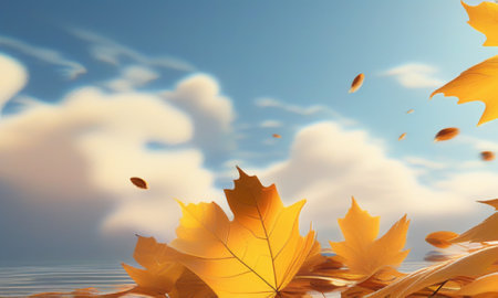 Autumn background with yellow maple leaves and blue sky. 3d renderの素材