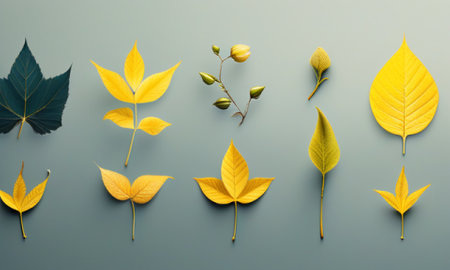 Autumn leaves on blue background. Minimal concept. 3d renderの素材