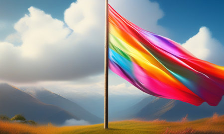 Rainbow flag waving in the wind against mountain landscape under cloudy blue skyの素材