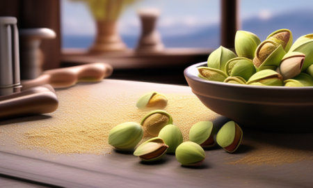 Pistachio nuts in bowl on wooden table, closeupの素材