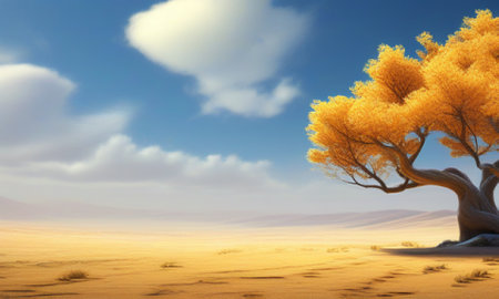 3d render of a tree in the desert with clouds in the skyの素材