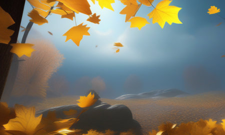 Autumn landscape with yellow leaves. 3d render. Abstract background.の素材