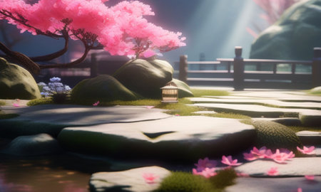Japanese zen garden with blooming sakura flowers in full bloomの素材