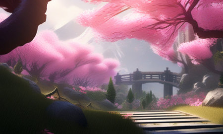 Cherry blossoms and bridge in the Japanese garden, 3d renderの素材