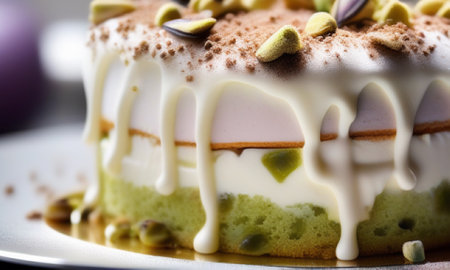 Pistachio cheese cake with pistachios on top.の素材