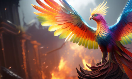 Colorful bird on the background of a burning building. 3d illustrationの素材