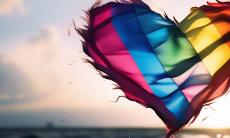 Colorful kite flying in the wind on the beach during sunsetの素材