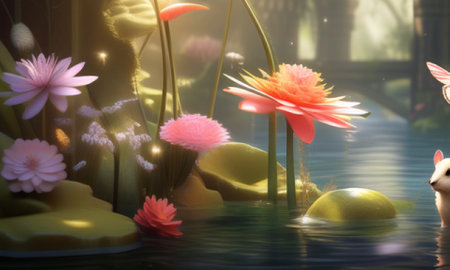 flowers in the pond,3d rendering. Computer digital drawing.の素材