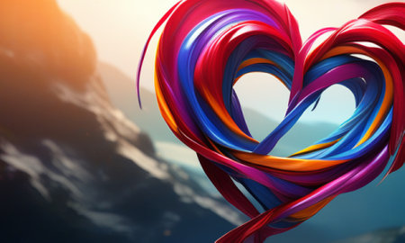 Heart shape made of colorful ribbons in the mountains. 3d renderingの素材