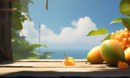 Mango fruit on the wooden table with the sea view background.の素材