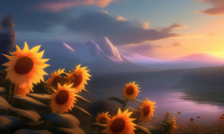 Sunflowers at sunset with mountains in the background. Digital painting.の素材
