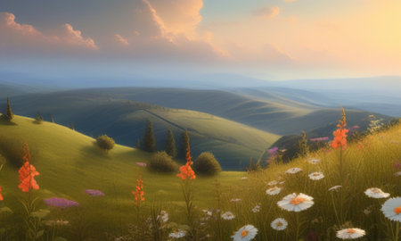 Beautiful summer landscape with meadow and flowers. 3d renderの素材