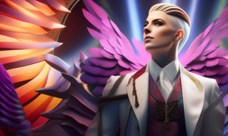 3D Illustration of a beautiful woman with wings in a surreal styleの素材
