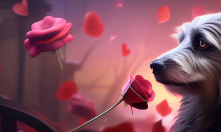 Cute dog with a bouquet of red roses on a background of heartsの素材