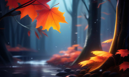 Fantasy landscape with autumn forest and falling leaves. 3d renderingの素材