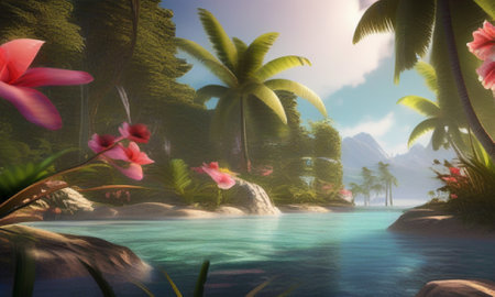 Beautiful tropical island with palm trees and flowers. 3D renderの素材