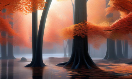 3D illustration of a fantasy forest with trees and fog on a foggy dayの素材