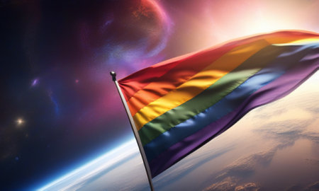 Rainbow flag waving on the wind against space background. 3D illustrationの素材