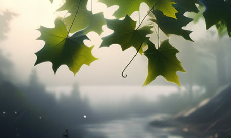 Maple leaves in the morning mist. Beautiful natural background with maple leaves.の素材