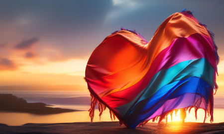 Beautiful colorful shawl in the shape of a heart on the beach at sunsetの素材