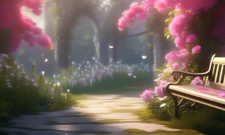 Illustration of a bench in a beautiful park with blooming flowersの素材