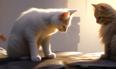 White cat with red hair and orange eyes sitting on the windowsillの素材