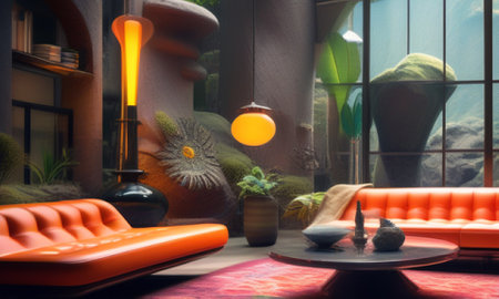 Interior of a cafe with orange sofa and coffee table, 3d renderの素材
