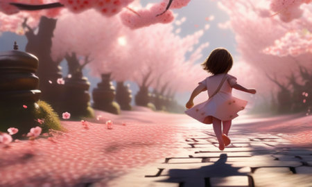 3d rendering of a little girl running in a sakura gardenの素材