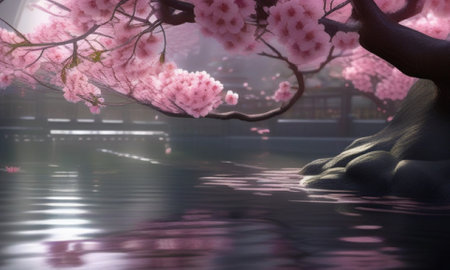 cherry blossom in japanese garden with reflection in waterの素材