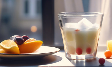 glass of yogurt with ice cubes and fruits on the windowsill.の素材