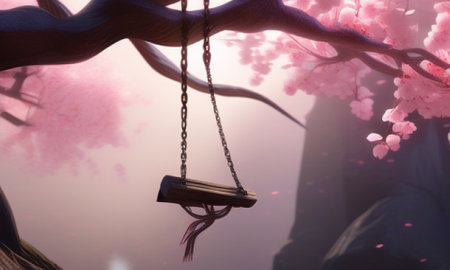 Swing in the hand of a woman on a background of cherry blossomsの素材