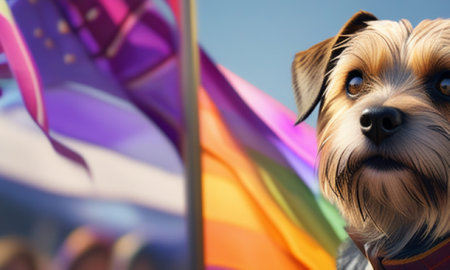 Yorkshire Terrier dog with a rainbow flag in the background.の素材