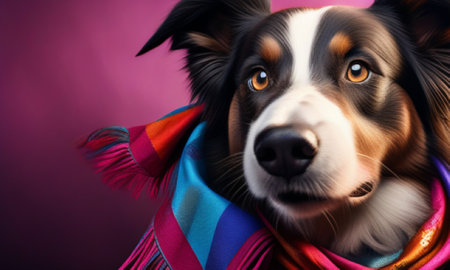 Portrait of a dog wrapped in a colorful shawl.の素材