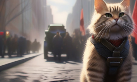 A cat with a leash in the city against the backdrop of the crowd.の素材