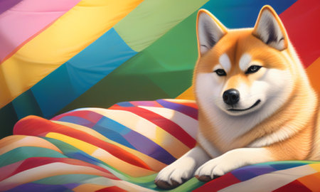 Shiba inu lying on a colorful inflatable mattress against rainbow backgroundの素材