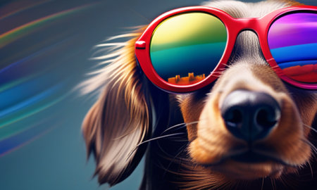 Portrait of beautiful dachshund dog with sunglasses on colorful backgroundの素材