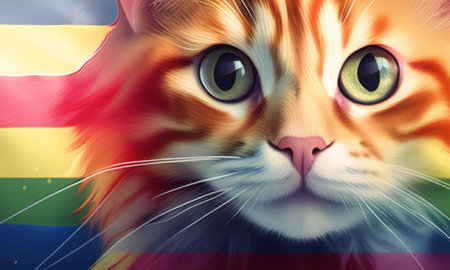 Red cat with the flag of the Republic of Mauritius as a backgroundの素材