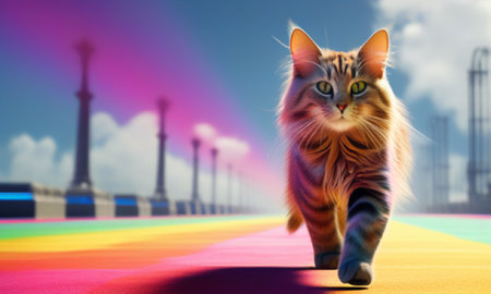 Persian cat walking on rainbow background. 3d illustration. Copy space.の素材