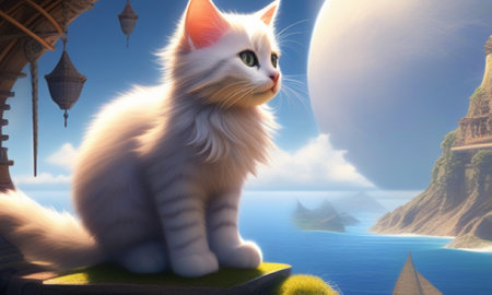 Cute white cat sitting on a platform in front of a fantasy worldの素材