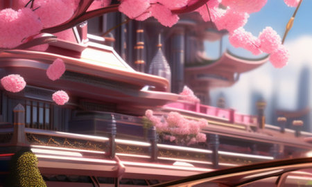 3d illustration of cherry blossom in the city with blurred backgroundの素材