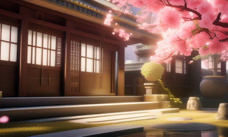 Japanese garden with cherry blossom and chinese temple, close upの素材