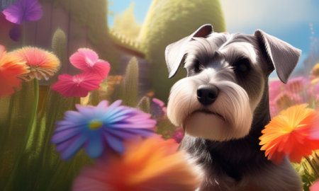 miniature schnauzer dog with flowers in the meadowの素材