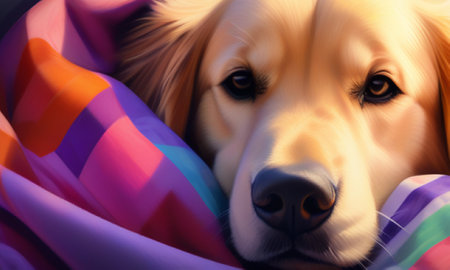 Golden retriever dog lying in bed with a pillow. Close up.の素材