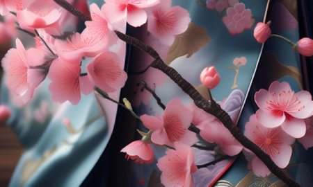 Plum blossom and Japanese kimono, close-upの素材